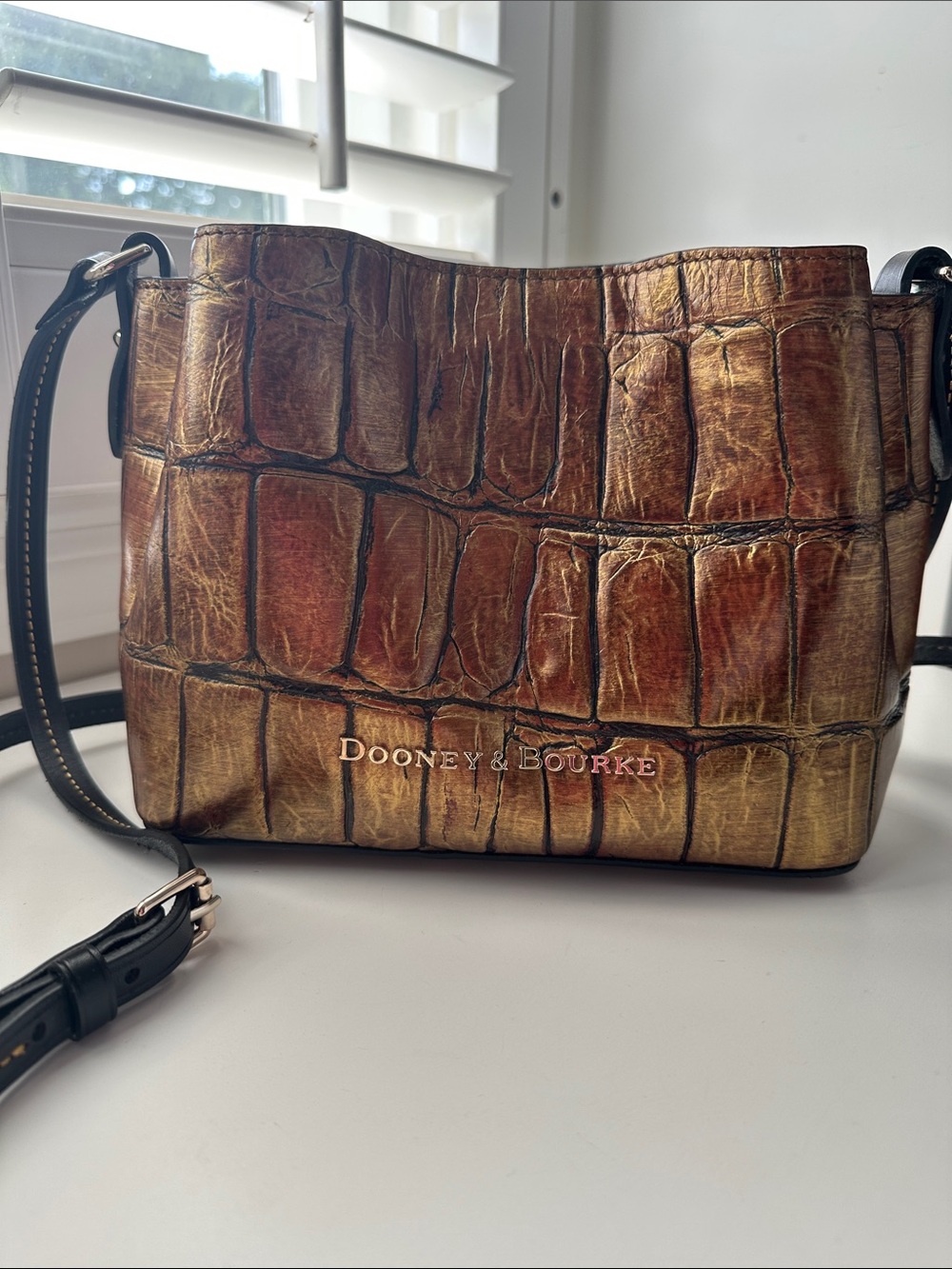 Dooney & Bourke Brown Mini Barlow Croc-Embossed Crossbody Bag with Black Strap